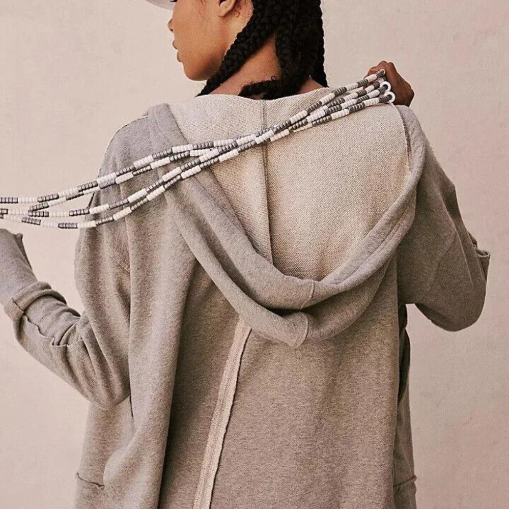 Free People Light Gray Zip Hoodie with Purple Tank and White Cap